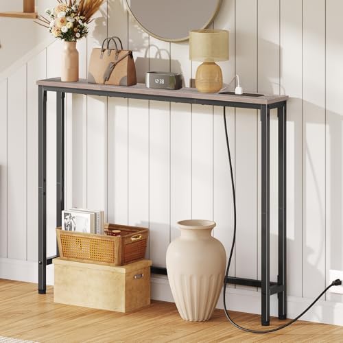 HOOBRO 39.4 Inch Narrow Console Table with Power Outlets, 5.9 Inch Sofa Table with Storage, Skinny Behind Couch Table, for Entryway Hallway, Small Spaces, Greige and Black BG52UXG01G1 - color: Greige + Black