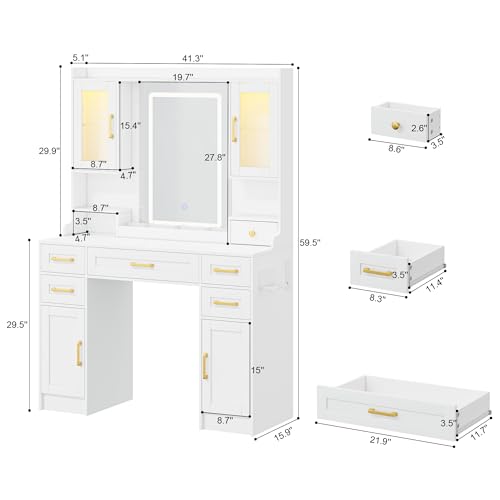 Vanity Desk with Mirror and LED Lights & Power Outlet | Large Makeup Vanity Table with 5 Drawers and 4 Storage Cabinets, White Dressing Table for Bedroom - size: 043 White