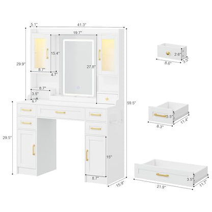 Vanity Desk with Mirror and LED Lights & Power Outlet | Large Makeup Vanity Table with 5 Drawers and 4 Storage Cabinets, White Dressing Table for Bedroom - size: 043 White