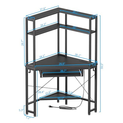 Corner Desk with Hutch and LED Light, Keyboard Tray, Black - color: Black