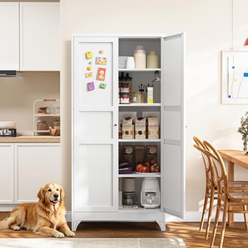 Metal Pantry Cabinet,- 72" White Kitchen Pantry Storage Cabinet with Doos and Adjustable Shelves for Kitchen, Living Room,Dining Room,Home - color: White, size: 72"- 4 Adjustable Shelves-B