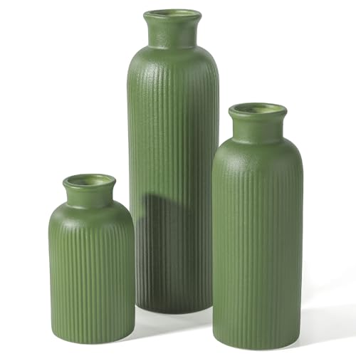 Small Sage Green Ceramic Vase Set of 3, Boho Modern Flower Vase Room Decor, Farmhouse Decor, Vases for Your Kitchen, Bathroom, Bedroom, Living Room, Office&Shelf Centerpiece Table Decorations - color: Sage Green
