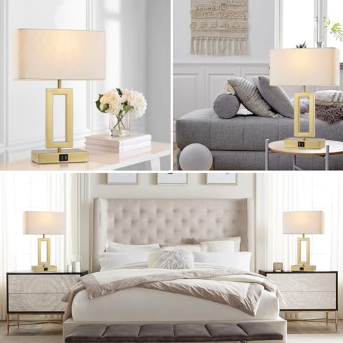 gernehop Gold Table Lamps Set of 2 with Dual USB Ports,3-Way Dimmable Touch Control Bedside Lamps,Modern Bedroom Table Lamp for Living Room,Nightstand LED Bulbs Included - color: 16Inch Whie&Gold