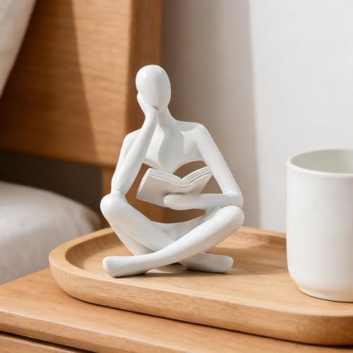 Bookshelf Decor Thinker Statue - Abstract Art Reading Thinker Sculpture Figurine Aesthetic, Modern Home Decoration for Living Room Office Shelves Coffee Table Desk Decor(White)