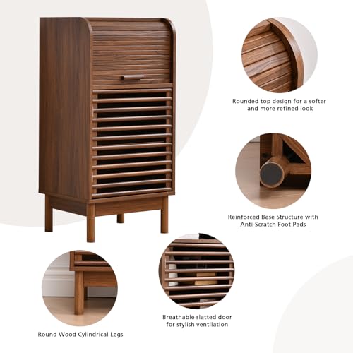 Ahokua Modern Single-Door Accent Cabinet with Curved Roll-Top and Slatted Door Design, Tall Narrow Storage Cabinet for Living Room, Entryway, Hallway, or Home Office