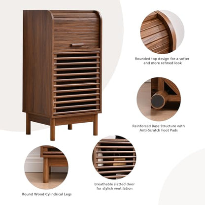 Ahokua Modern Single-Door Accent Cabinet with Curved Roll-Top and Slatted Door Design, Tall Narrow Storage Cabinet for Living Room, Entryway, Hallway, or Home Office