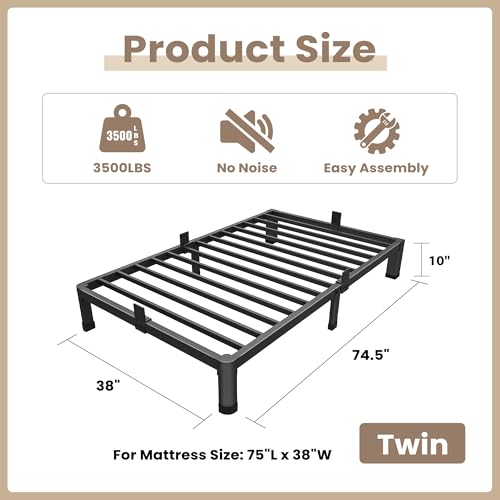 ROIL 10 Inch Twin Bed Frame Low Profile with Rounded Corner Mattress Baffle | Easy Assembly, Noise Free, 3500LBS Load Capacity, No Box Spring Needed, Heavy Duty Steel, No Box Spring Needed, Rubber Pads - size: Twin, style: 10 Inch