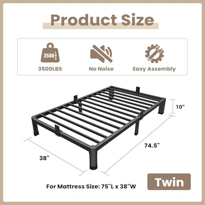 ROIL 10 Inch Twin Bed Frame Low Profile with Rounded Corner Mattress Baffle | Easy Assembly, Noise Free, 3500LBS Load Capacity, No Box Spring Needed, Heavy Duty Steel, No Box Spring Needed, Rubber Pads - size: Twin, style: 10 Inch