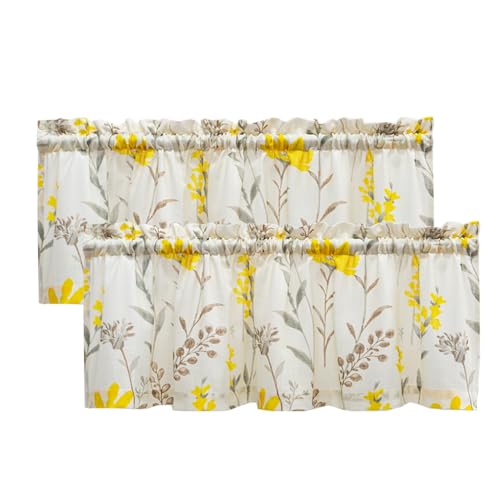 July Joy Printed Valance Linen Textured for Living Room Floral Leaf Design Sheer Curtains Farmhouse Style Window Panel Drapes Set Rod Porket Treatment for Bedroom, Dining, 52 x 18 inch, Yellow - color: Yellow