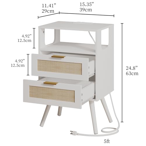 Rattan Nightstand with Charging Station,Farmhouse Bedside Table with 2 Storage Drawer and Open Wood Shelf, for Bedroom and Small Spaces,Night Stand with Solid Wood Legs (White-Outlet) - color: White-outlet