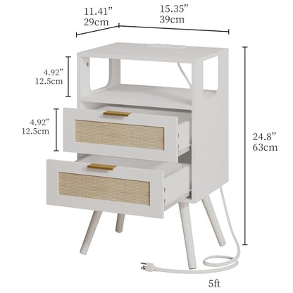Rattan Nightstand with Charging Station,Farmhouse Bedside Table with 2 Storage Drawer and Open Wood Shelf, for Bedroom and Small Spaces,Night Stand with Solid Wood Legs (White-Outlet) - color: White-outlet