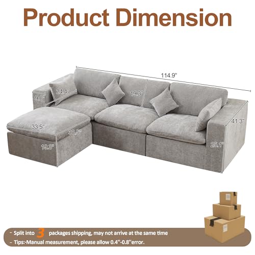 115''Cloud Boneless Sectional Couch, Modular Sectional Sofa Deep Seat with Ottoman, Oversized Upholstered Convertible Comfy 4 Seater Chenille Sofa L Shape Couches for Living Room, Light Grey - color: Light Grey, size: 115"/3 Seater+1 Ottoman