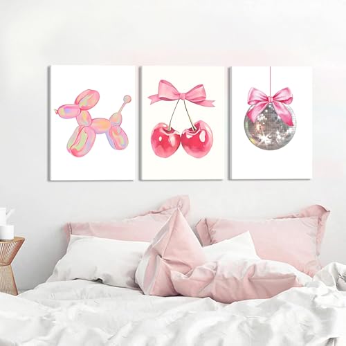 Trendy Pink Bows Canvas Wall Art Set of 3, Vintage Preppy Cherry Disco Ball Posters Wall Decor, Pink Girly Room Aesthetic Painting Prints for College Apartment Living Room Bedroom 12x16 In Framed - color: Balloon dog canvas, size: 16L"x12W"