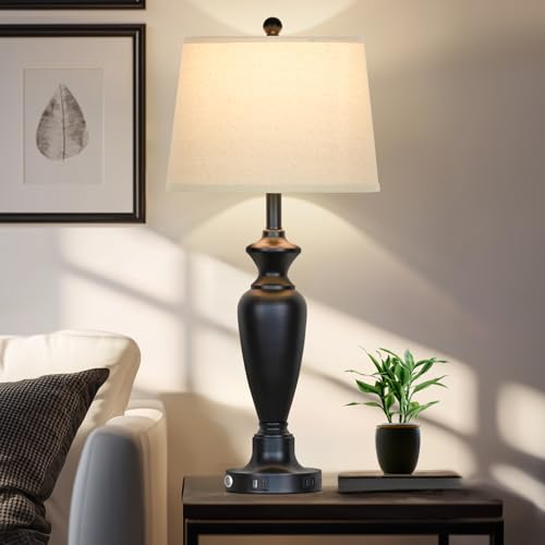 Cinyirong 30" Tall Table Lamps Set of 2, Touch Control Bedside Lamp with USB A+C Ports and AC Outlet, 3-Way Dimmable Modern Metal Nightstand Lamp for Bedroom Living Room, 2 LED Bulbs Included, Black - color: Black (2 Pack)