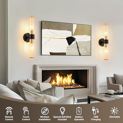 Morauroral Black Gold Battery Operated Wall Sconce, Rechargeable Wall Lights with Remote, 20 Inch Modern Wireless Wall Lamp for Bedroom, Living Room with Clear Glass Shade (Bulbs Included) - color: Gold（1 Pack）