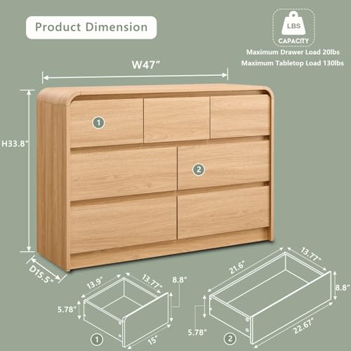 Aitjunz Modern 7 Drawers Dresser for Bedroom, 47" Wide Wood Dressers & Chests of Drawers w/Curved Profile Design, Mid Century Modern Dresser w/Natural Texture for Bedroom, Living Room, Natural Oak - color: Natural, size: 15.5"D x 47.2"W x 33.9"H (7 Drawer