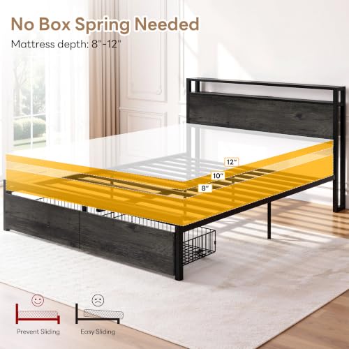 LIKIMIO Queen Bed Frame with Headboard, 2 Drawers and Charging Station - color: Charcoal Grey, size: Queen