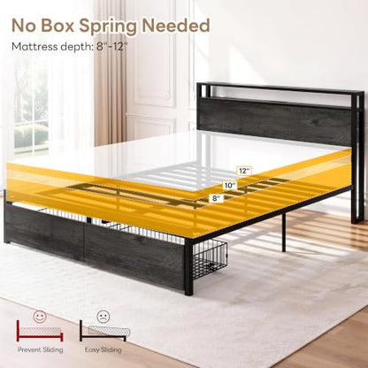 LIKIMIO Queen Bed Frame with Headboard, 2 Drawers and Charging Station - color: Charcoal Grey, size: Queen