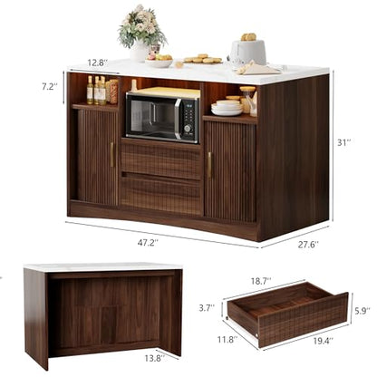 Island Table for Kitchen,Kitchen Island with Storage Marble Island | Cart with Power Outlet & RGB LED Light, Rolling Buffet Cabinet with Microwave Shelf, 2 Drawers, Marble Countertop, Walnut - color: Walnut