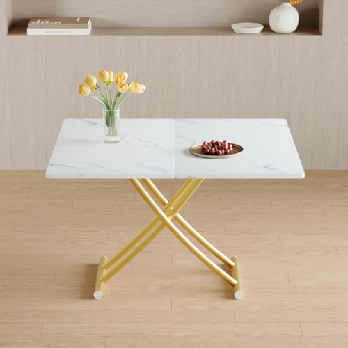 Liftable Folding Dining Table for 4, Adjustable Drop Leaf Table, Folding Coffee Table for Small Spaces, Scratch-Resistant Wood Top with Metal Frame for Apartment Kitchen Living Room - color: White-gold