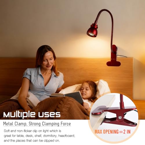 Zoomable Clip on Light, Clamp Reading Light for Dorm Bed Headboard, Dimmable Spotlight with 3 Color Temperature Options, 10 Dimmable Brightness Levels, Adjustable Beam Angle (Red) - color: Red