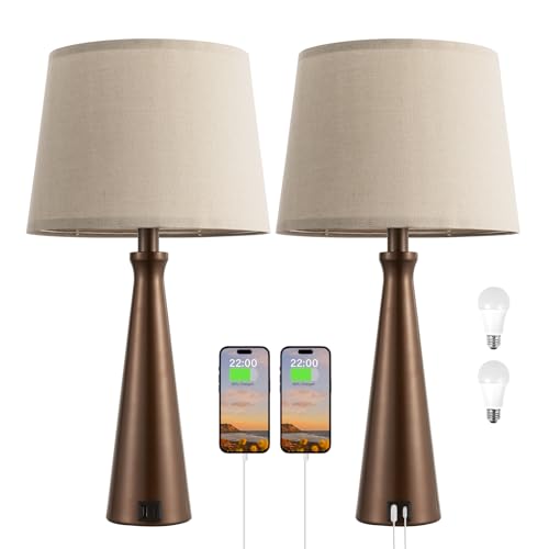 Modern Touch Lamps for Nightstand, 3 Way Dimmable Bedroom Lamp Set of 2 | USB C+A Charging Ports, Brown Bedside Lamps for Bedroom, Living Room, End Table, Bed Side, LED Bulb Included - color: F. Brown Base-Oat Shade