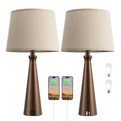 Modern Touch Lamps for Nightstand, 3 Way Dimmable Bedroom Lamp Set of 2 | USB C+A Charging Ports, Brown Bedside Lamps for Bedroom, Living Room, End Table, Bed Side, LED Bulb Included - color: F. Brown Base-Oat Shade