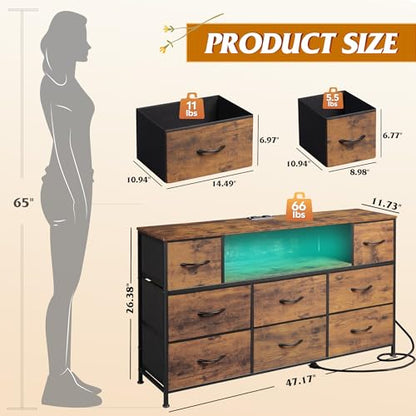WLIVE LED Dresser TV Stand for 55 Inch TV, 8 Drawers, Rustic Brown | Fits TVs up to 55 inch, 8 fabric drawers, LED chest of drawers, Built-in power outlet, Living room or bedroom - color: Rustic Brown