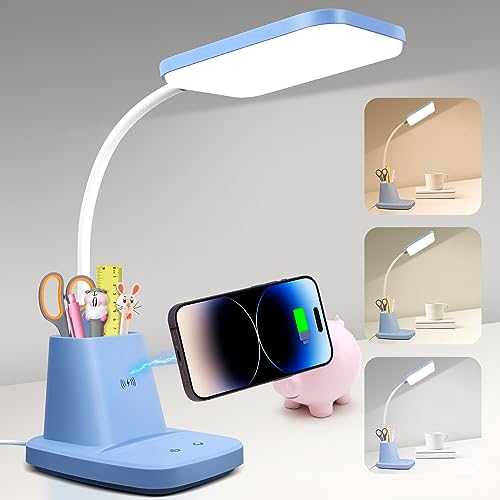 LED Desk Lamp with 10W Wireless Charging & Pen Holder, Blue | CRI 95, 800LM, Stepless Dimming, 3 Modes, 360°Flexible Arm, Touch, Study Table Lamp for Home Office, Dorm Room, with Adapter - color: Blue