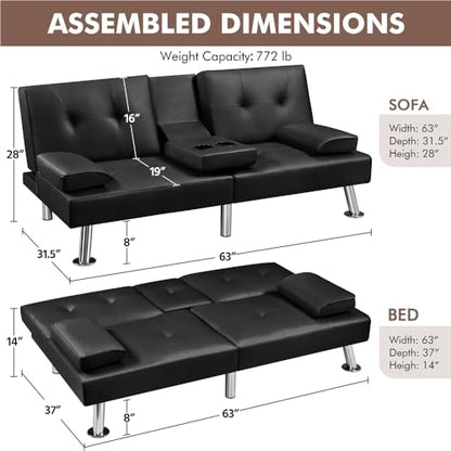 Yaheetech Convertible Futon Sofa Bed Loveseat with Cup Holder, Black | 3 Angles Sofa, Recliner Chair, Bed, Compact Faux Leather Love Seat for Living Room, Kids Guest Room, Dorm, Small Apartment - color: Black
