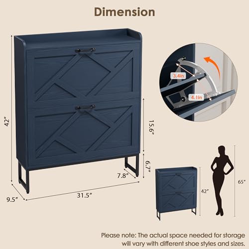 Shoe Cabinet Storage for Entryway, Slim Shoe Storage Cabient with 2 Flip Drawers, Narrow Vertical Shoe Rack Cabinet with Metal Hooks, Small Space Solution for Hallway, Blue - color: Blue