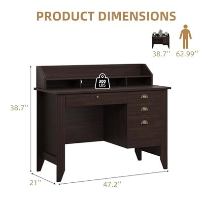 4 EVER WINNER Small Desk with Drawers, Office Desk with File Drawer and Monitor Stand, Writing Desk Study Table for Small Spaces, Espresso - color: Espresso