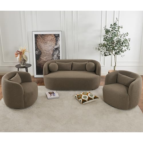KINWELL 68" Boucle Upholstered Loveseat with 2 Swivel Chairs, Teddy Brown | No Assembly Sherpa Living Room Furniture Sets, 2-Seater Couch Settee and Barrel Chairs Armchairs for Small Spaces Apartment - color: Teddy Brown, size: Loveseat + 2 Chairs