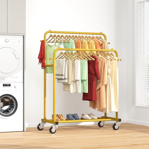 Laiensia Double Rods Garment Rack with Wheels, Clothing Rack for Hanging Clothes,4 Hooks, Multi-functional Bedroom Clothes Rack, Gold - color: Gold