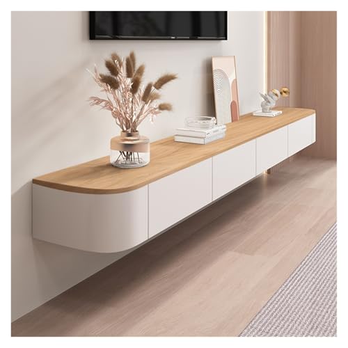 55 inch Floating TV Stand Wall Mounted TV Cabinet Floating Shelves with Door Entertainment Media Console Solid Wood Modern Living Room Round Corner TV Stand (Wood+White, 140CM) - color: Wood+white, size: 140CM