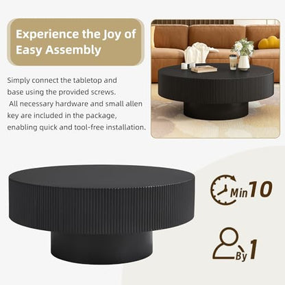31.5" Round Wood Coffee Table with 6.8 Thick Top, Mid Century Modern Fluted Circle Circular Center Table for Living Room, Apartment, Small Space Home Office, Dark Black - color: Dark Black, size: 31.5"D x 31.5"W x 13.78"H