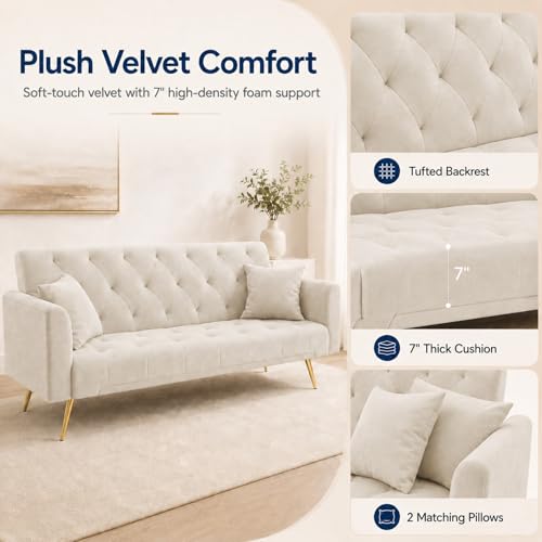 Majnesvon 71" Convertible Folding Sleeper Sofa Couch,Modern Velvet Loveseat Sleeper with 2 Pillows, Futon Sofa Bed with Mattress and Frame for Living Room,Bedroom,Small Space (Beige) - color: Beige