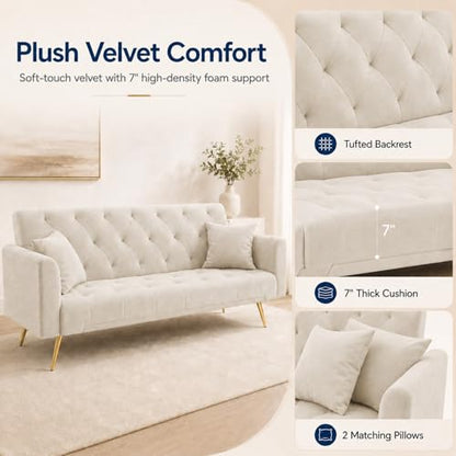 Majnesvon 71" Convertible Folding Sleeper Sofa Couch,Modern Velvet Loveseat Sleeper with 2 Pillows, Futon Sofa Bed with Mattress and Frame for Living Room,Bedroom,Small Space (Beige) - color: Beige