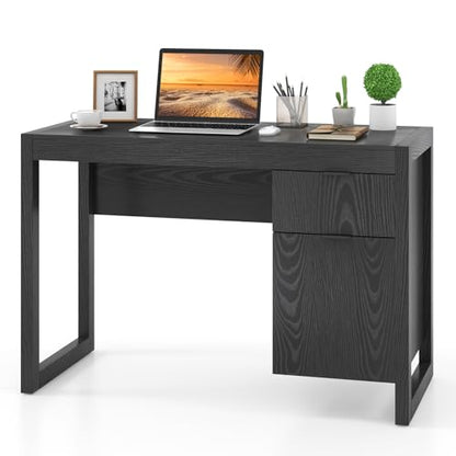 Tangkula Computer Desk with Storage Cabinet & Drawer, White Wooden Home Office Desk, PC Laptop Workstation Study Writing Desk with Smooth Surface, Ideal for Home Office (Black) - color: Black