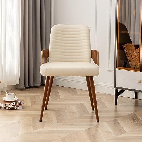 Dining Room Chairs Set of 2,Mid Century Modern Kitchen Chair,Upholstered Faux Leather Accent Chairs,Metal Legs Wooden Desk Chair,Armless and No Wheels for Kitchen Dining,Beige PU - color: Beige Pu, size: Set of 2
