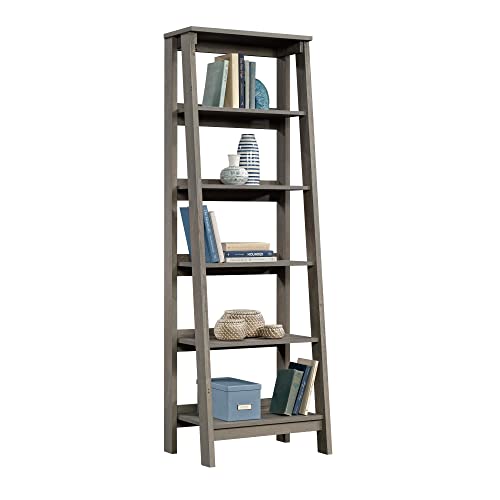 Sauder Ladder Bookshelf 5 Tier Trestle Ladder Shelf Wooden Bookcase, in Mystic Oak - color: Jamocha Wood