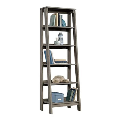 Sauder Ladder Bookshelf 5 Tier Trestle Ladder Shelf Wooden Bookcase, in Mystic Oak - color: Jamocha Wood