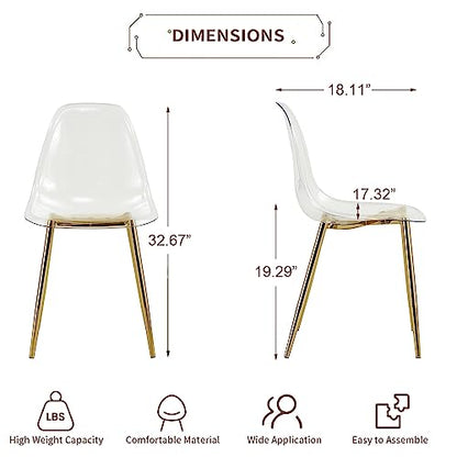 Baysitone Clear Dining Chairs Set of 4, Modern Kitchen Chairs with Transparent Seat, Acrylic Accent Side Chairs with Plating Metal Legs for Dining Room, Kitchen, Living Room with Gold - color: Golden, size: Set of 4