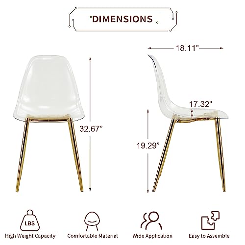 Baysitone Clear Dining Chairs Set of 4, Modern Kitchen Chairs with Transparent Seat, Acrylic Accent Side Chairs with Plating Metal Legs for Dining Room, Kitchen, Living Room with Gold - color: Golden, size: Set of 4