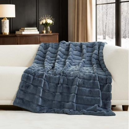 Cozy Bliss Deluxe Sheared Rabbit Faux Fur Throw Blanket, Soft Fuzzy High-Low Sculpted Plush Blanket for Couch, Cozy Home Accent, All Season Use, Blue 50"x60" - color: Stripe - Blue, size: Throw(50" x 60")
