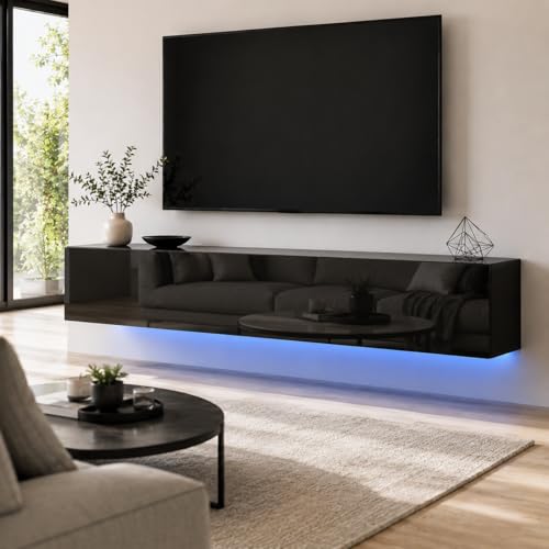 63" Floating LED TV Stands for Living Room w/ Storage, Entertainment Center | Fits TVs up to 70", Glossy Front, Hidden Storage, Wall Mounted, Cable Management, RGB LED, Easy to Clean, Modern Style - color: Black
