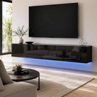 63" Floating LED TV Stands for Living Room w/ Storage, Entertainment Center | Fits TVs up to 70", Glossy Front, Hidden Storage, Wall Mounted, Cable Management, RGB LED, Easy to Clean, Modern Style - color: Black