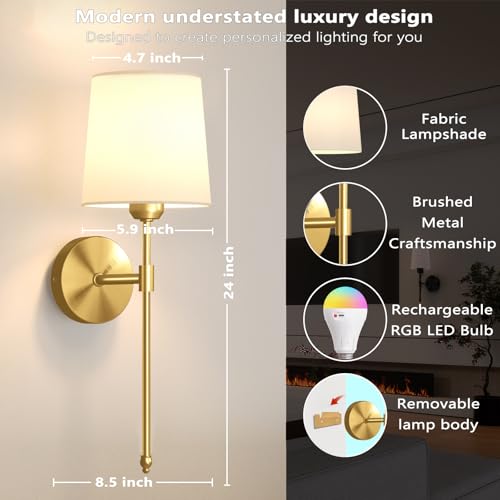 Battery Operated Wall Sconces Set of 2, Wireless Rechargeable Dimmable Wall Light with 5600mAh RGB Bulb and Remote for Bedroom, Living Room, Hallway, Gold, 24in - color: Gold, size: 24 Inch Set of 2