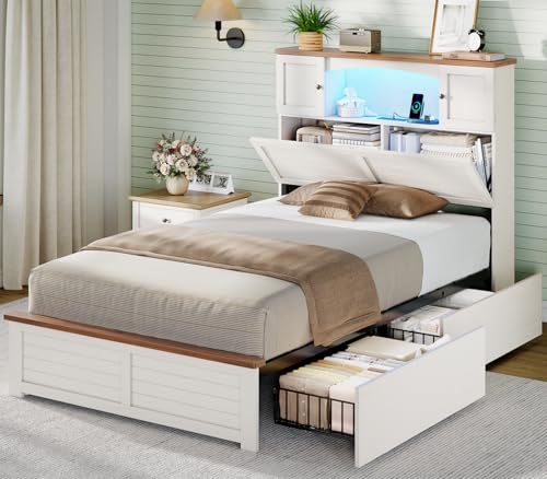 MSmask Farmhouse Bed Frame Twin Size with Bookcase and Storage Cabinets Headboard, Wood Platform Bed with LED Lights, Charging Station, 4 Drawers, Decoration Footboard, No Box Spring Needed, White - color: White, size: Twin