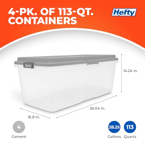 Hefty 113 Qt Hi-Rise Storage Bin with Lid, Stackable Plastic Storage Container, Organizer for Home, Garage & Closet, 4 Pack, Gray - size: 113 QT - 4 Pack